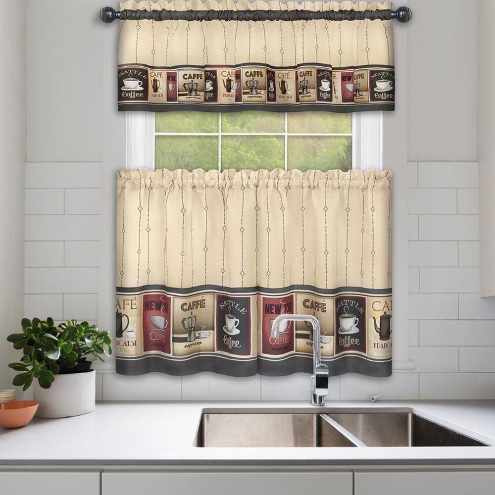 Woven Trends 3-Piece Retro Coffee Paint Window Kitchen Curtain Set, 58"W x 24"L